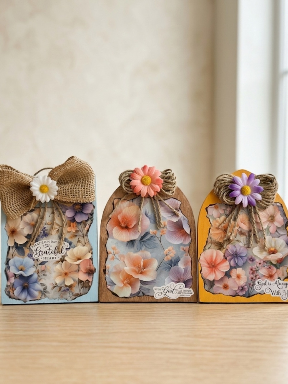 Floral Wooden Block Trio with Burlap Bows - Blue, Brown, Yellow